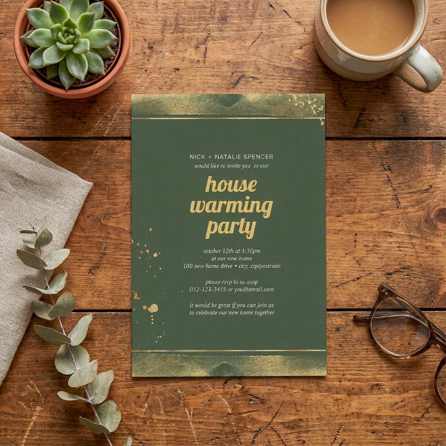 Green and gold leaf House warming party invitation (Green and gold leaf House warming party invitation.)