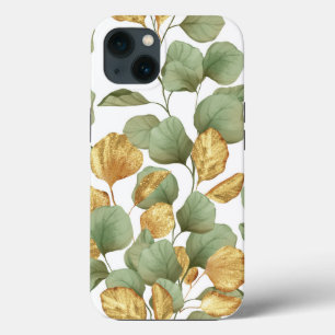 Green and gold leaves.  Pattern iPhone 13 Case