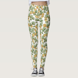 Green and gold leaves. Pattern Leggings