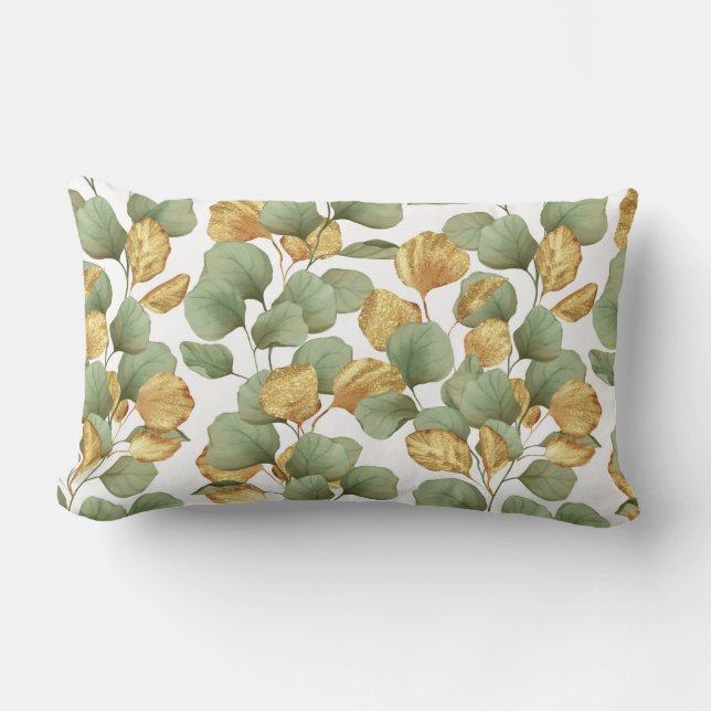 Green and gold leaves.  Pattern Lumbar Cushion (Front)