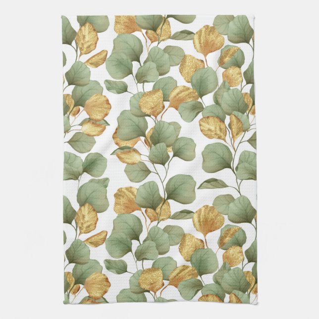 Green and gold leaves.  Pattern Tea Towel (Vertical)