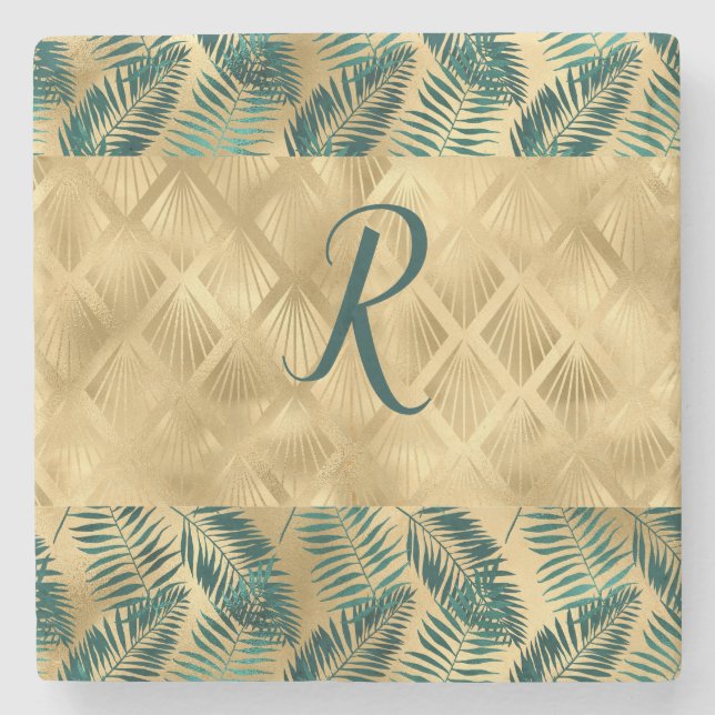 Green and Gold Leaves  Stone Coaster (Front)