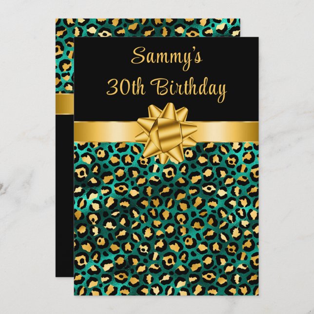 Green and Gold Leopard Print Birthday Party Invitation (Front/Back)