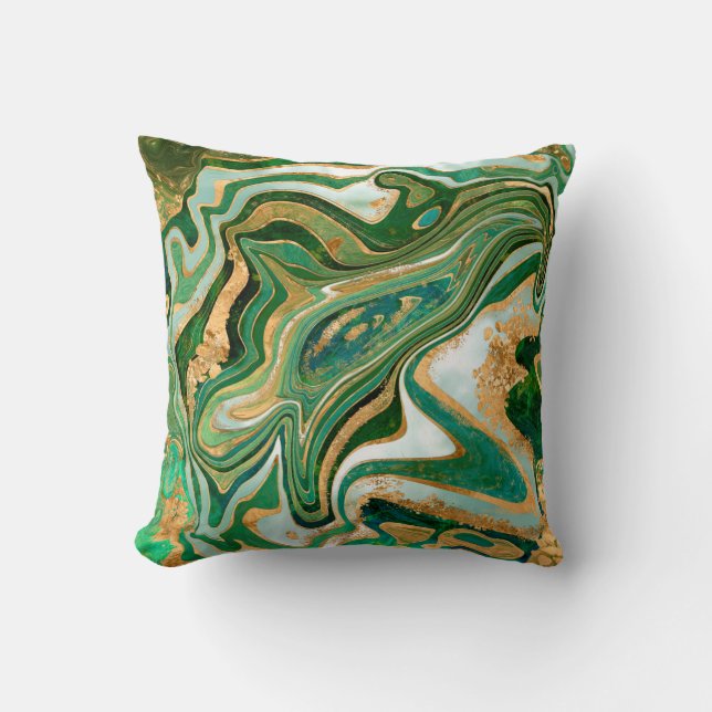Green and gold liquid marble abstract cushion (Front)