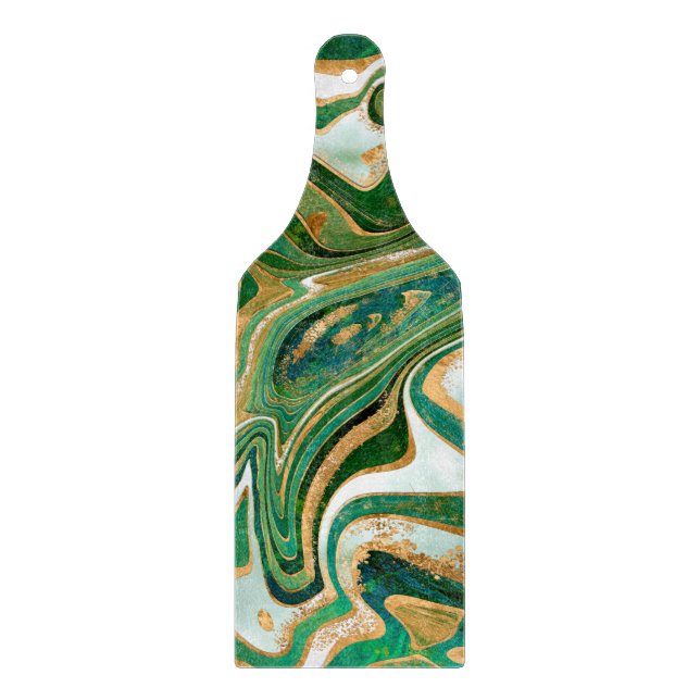 Green and gold liquid marble abstract cutting board (Front)