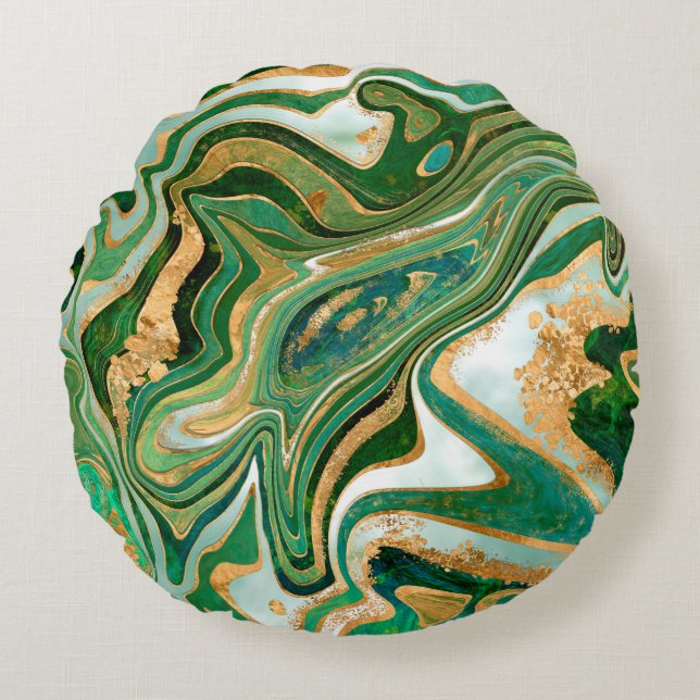 Green and gold liquid marble abstract round cushion (Front)
