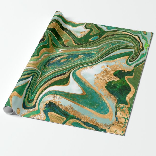 Green and gold liquid marble abstract wrapping paper (Unrolled)