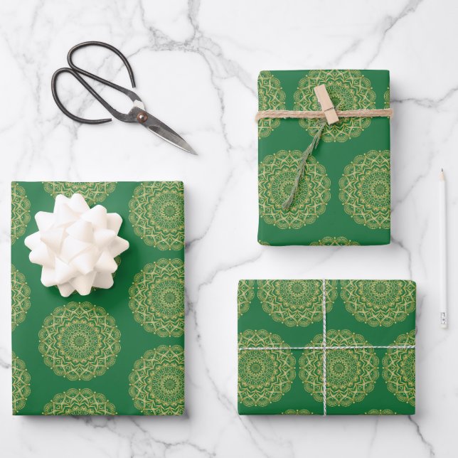 Green and Gold Mandala  Wrapping Paper Sheet (Front)
