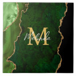 Green and Gold Marble Agate Ceramic Tile<br><div class="desc">This tile features an elegant and glamourous agate marble background with geode gemstone detailing and faux gold glitter accents. The monogram combines handwritten script and modern sans serif fonts for a classy and sophisticated look. This will make the ideal gift as it can be customised with a name and initial....</div>