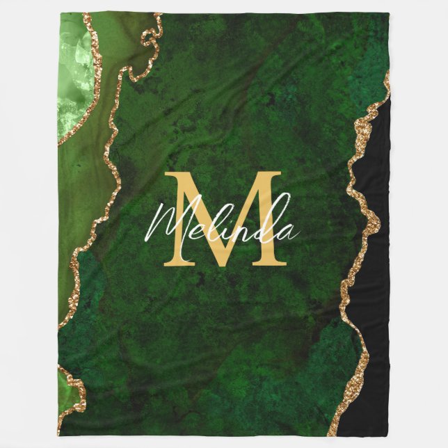 Green and Gold Marble Agate Fleece Blanket (Front)