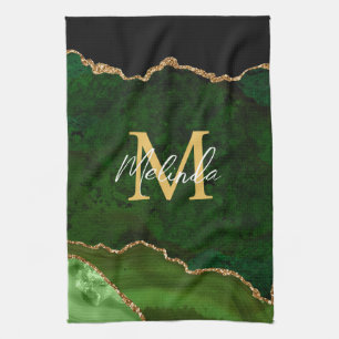 Green and Gold Marble Agate Tea Towel