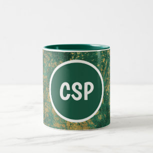 Green and Gold Marble Monogram Two-Tone Coffee Mug