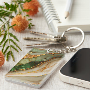 Green And Gold Marble Pattern Key Ring