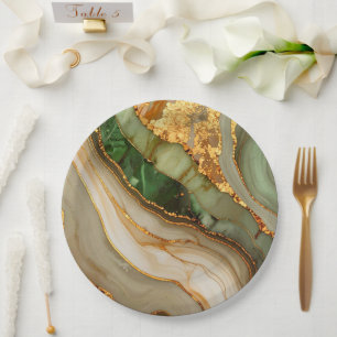 Green And Gold Marble Pattern Paper Plate
