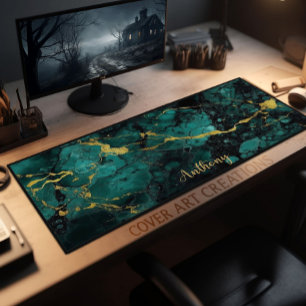 Green And Gold Marble Texture Personalised Desk Mat