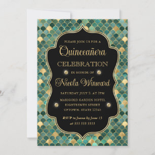 Green and Gold Mermaid Scales Frame Quinceanera Invitation
