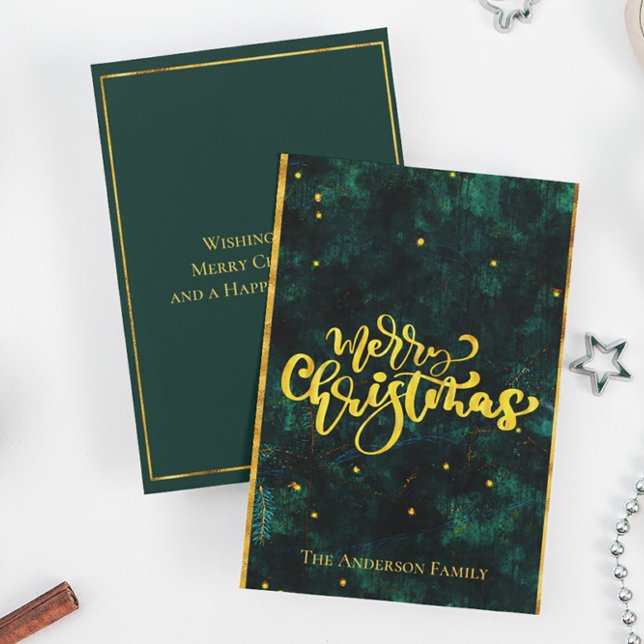 Green and Gold Merry Christmas Elegant Script Holi Holiday Card (Creator Uploaded)