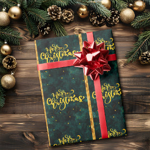 Green and Gold Merry Christmas Elegant Script Wrapping Paper