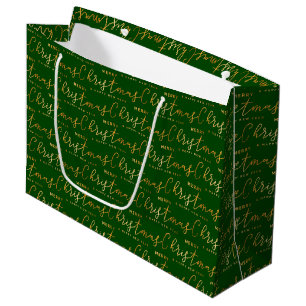 Green and Gold Merry Christmas Word Art Large Gift Bag