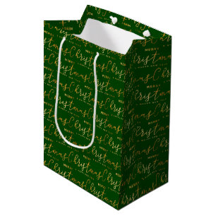 Green and Gold Merry Christmas Word Art Medium Gift Bag