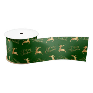 Green and Gold Merry Christmas Word Art Satin Ribbon