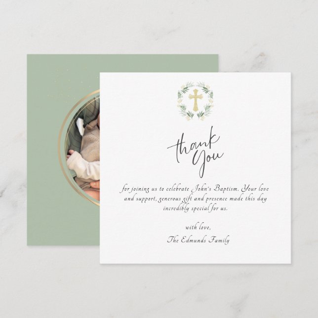 Green and Gold Minimalist Baptism Thank You Card (Front/Back)