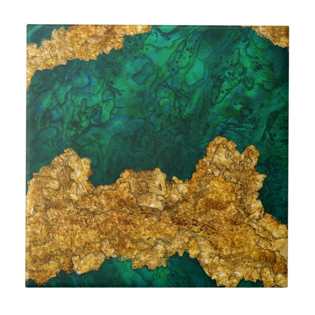 Green and Gold Mixed media abstract Ceramic Tile (Front)