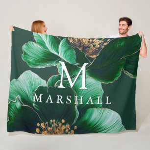 Green And Gold Modern Floral Monogram Family Name Fleece Blanket