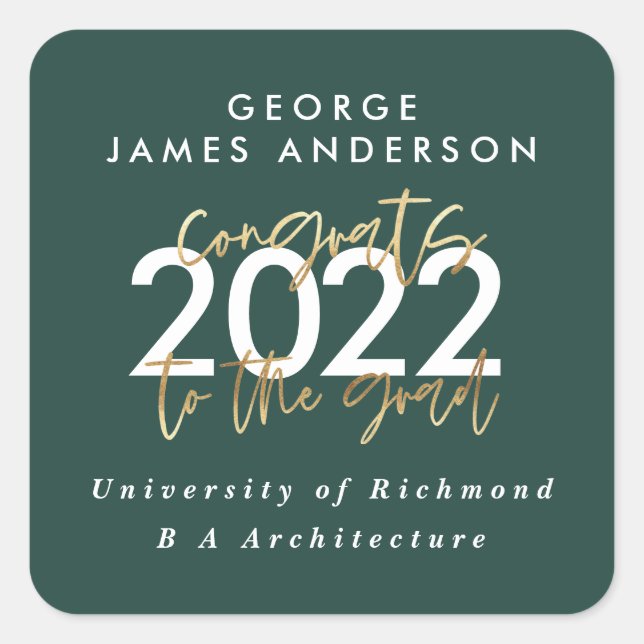 green and gold modern script stylish graduation square sticker (Front)