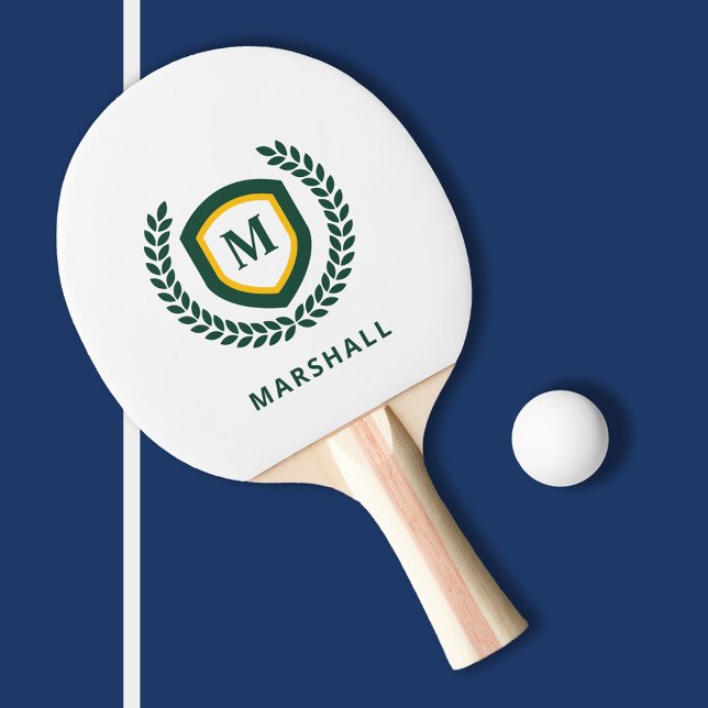 Green and Gold Monogram Logo Crest Ping Pong Paddle (Creator Uploaded)