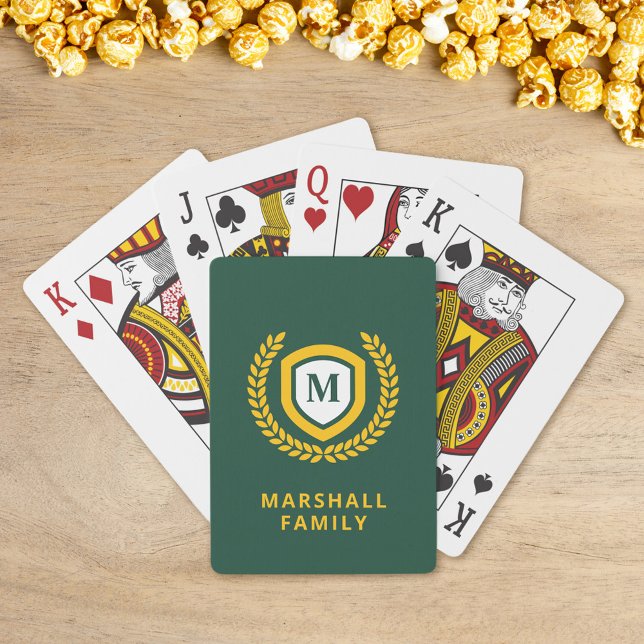 Green and Gold Monogram Logo Crest Playing Cards (Creator Uploaded)