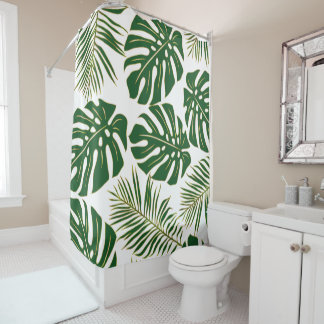 Green and gold monstera and  palm tropical leaves shower curtain