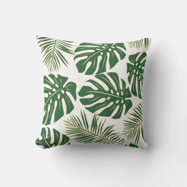Green and gold monstera, palm tropical leaves cushion (Front)