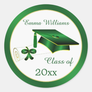 Green and gold Mortar, diploma Graduation Postage Classic Round Sticker