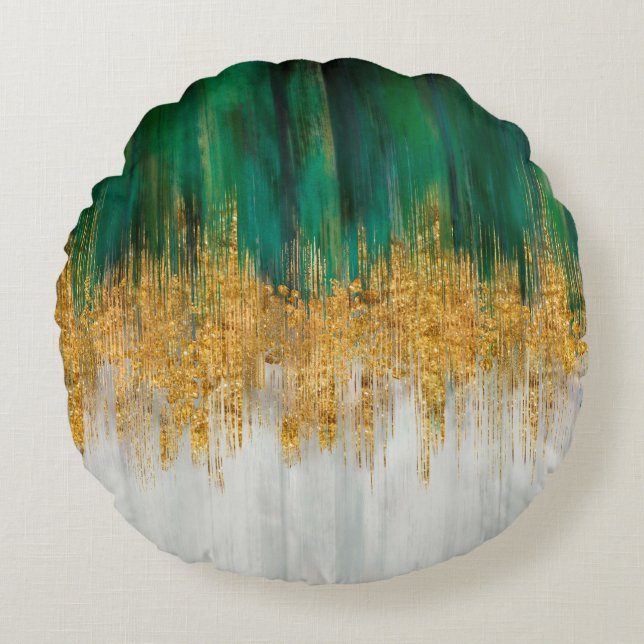Green and gold motion abstract round cushion (Front)