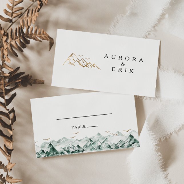 Green and Gold Mountain Flat Wedding Place Card (Creator Uploaded)
