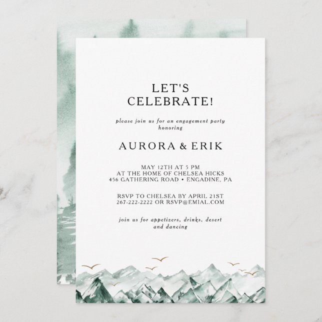 Green and Gold Mountain Let's Celebrate Invitation (Front/Back)
