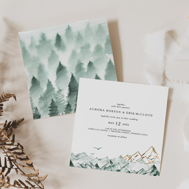 Green and Gold Mountain Square Wedding Invitation (Creator Uploaded)