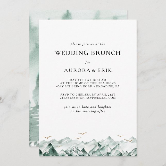 Green and Gold Mountain Wedding Brunch Invitation (Front/Back)
