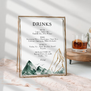 Green and Gold Mountain Wedding Drinks Menu Sign