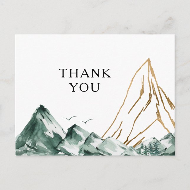 Green and Gold Mountain Wedding Thank You Postcard (Front)