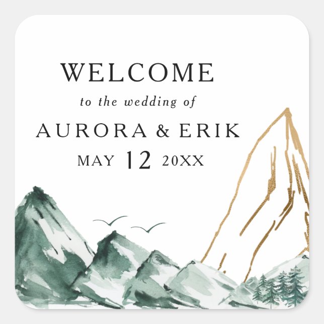 Green and Gold Mountain Wedding Welcome Square Sticker (Front)