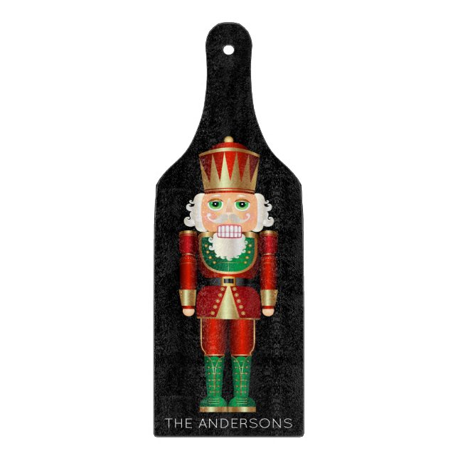 Green and Gold Nutcracker on Black Cutting Board (Front)