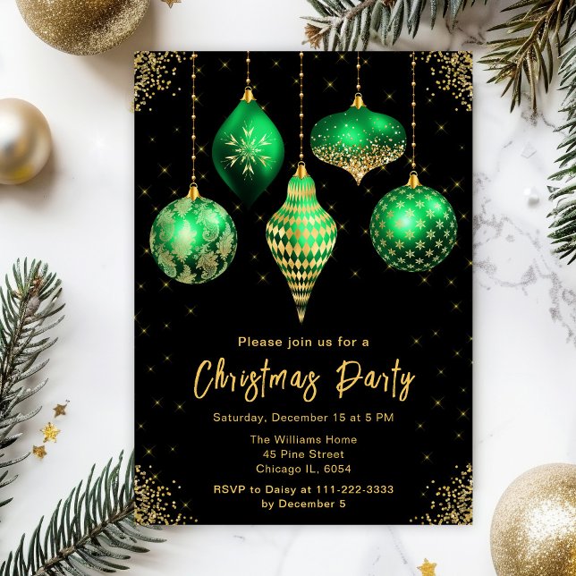 Green and Gold Ornaments Christmas Party Invitation (Creator Uploaded)