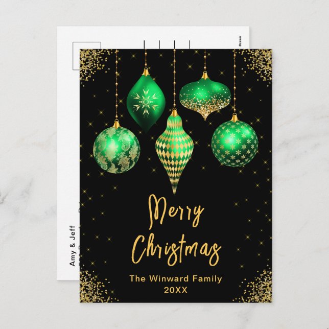 Green and Gold Ornaments Merry Christmas Holiday Postcard (Front/Back)