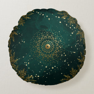 Green and Gold Ornate flourish floral Round Cushion