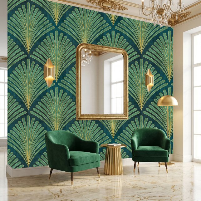 Green and Gold Palm Leaf Art Deco Pattern on Teal Wallpaper (Green and Gold Palm Leaf Art Deco Pattern on Teal Wallpaper)