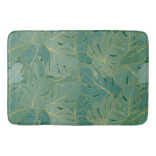 Green and gold palm leaves pattern bath mat