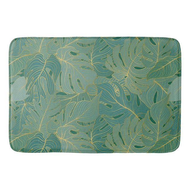 Green and gold palm leaves pattern bath mat (Front)