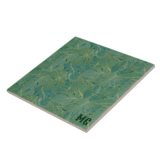 Green and gold palm leaves pattern ceramic tile
